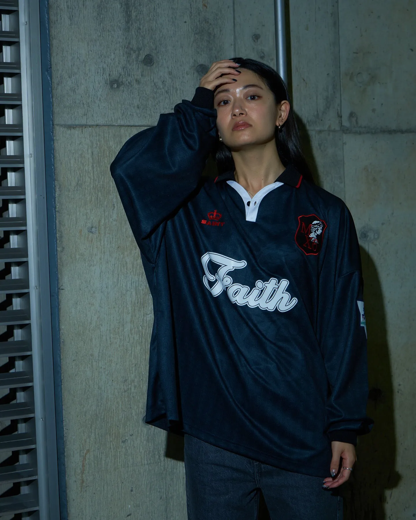 SAINT M×××××× SOCCER SHIRT 'FAITH'/BLK FAITH Football Long Sleeve Black S-XL This design has a lot of craftsmanship Digital fabric printing/front positioning printing laser cutting Offset printing + flocking printing + embossing Imported Behringer machine embroidery Flat machine collar + cuffs Genuine consistent main mark/wash mark/cherub mark